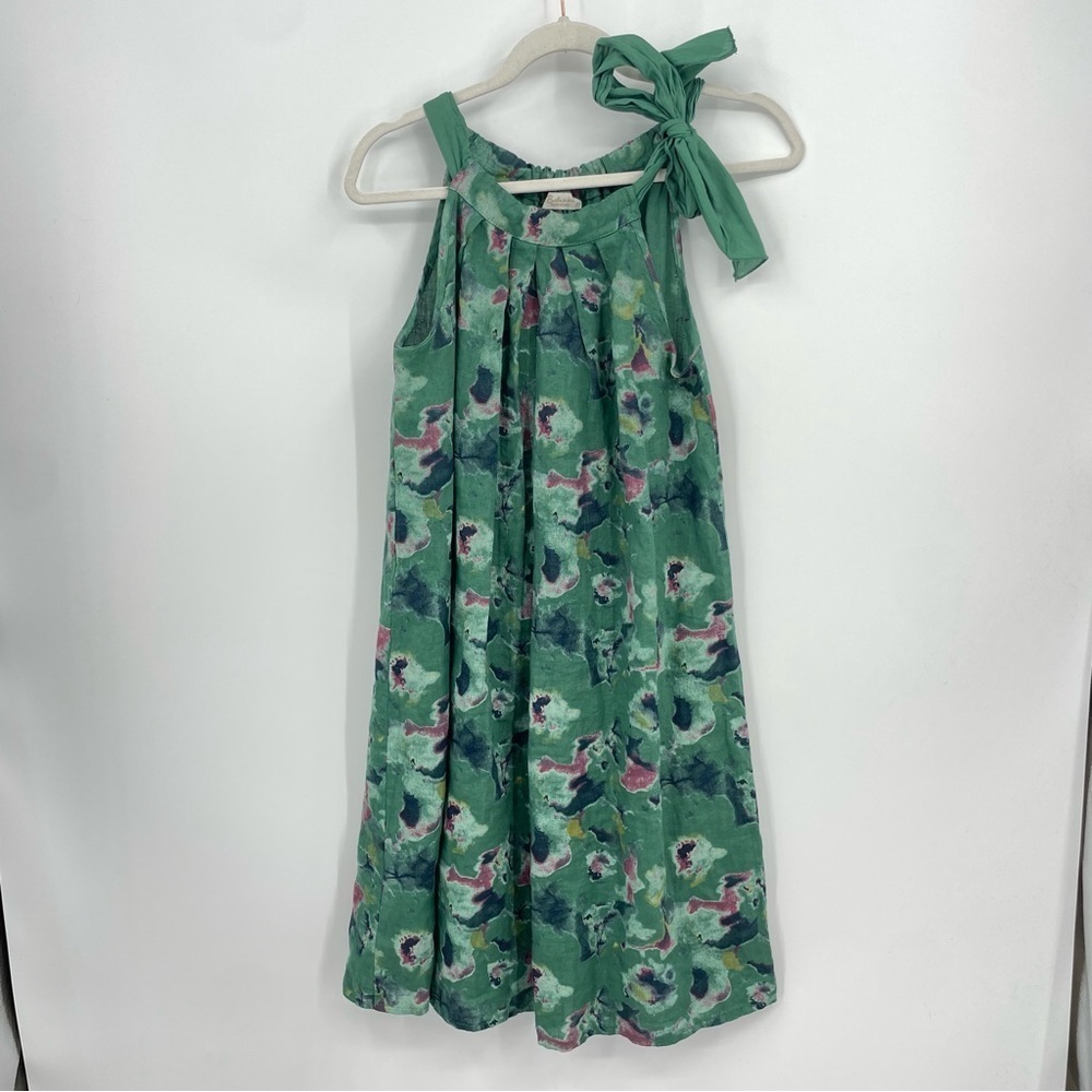 BELLAMBRA Green floral Linen Shift Dress, Shoulder Tie, Made in Italy Sz S